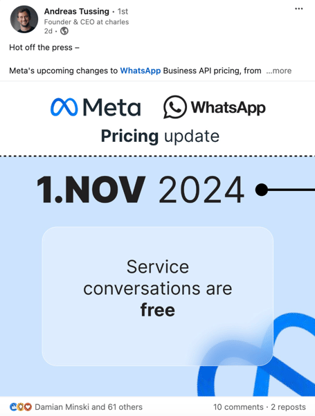 Meta pricing change WhatsApp Business Andreas Tussing LinkedIn