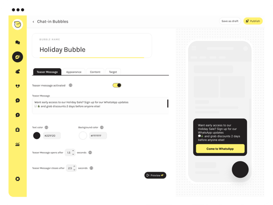 Screenshot of a Charles 'Chat-in Bubbles' interface for customising holiday message bubbles with preview on a mobile phone - Whatsapp Marketing